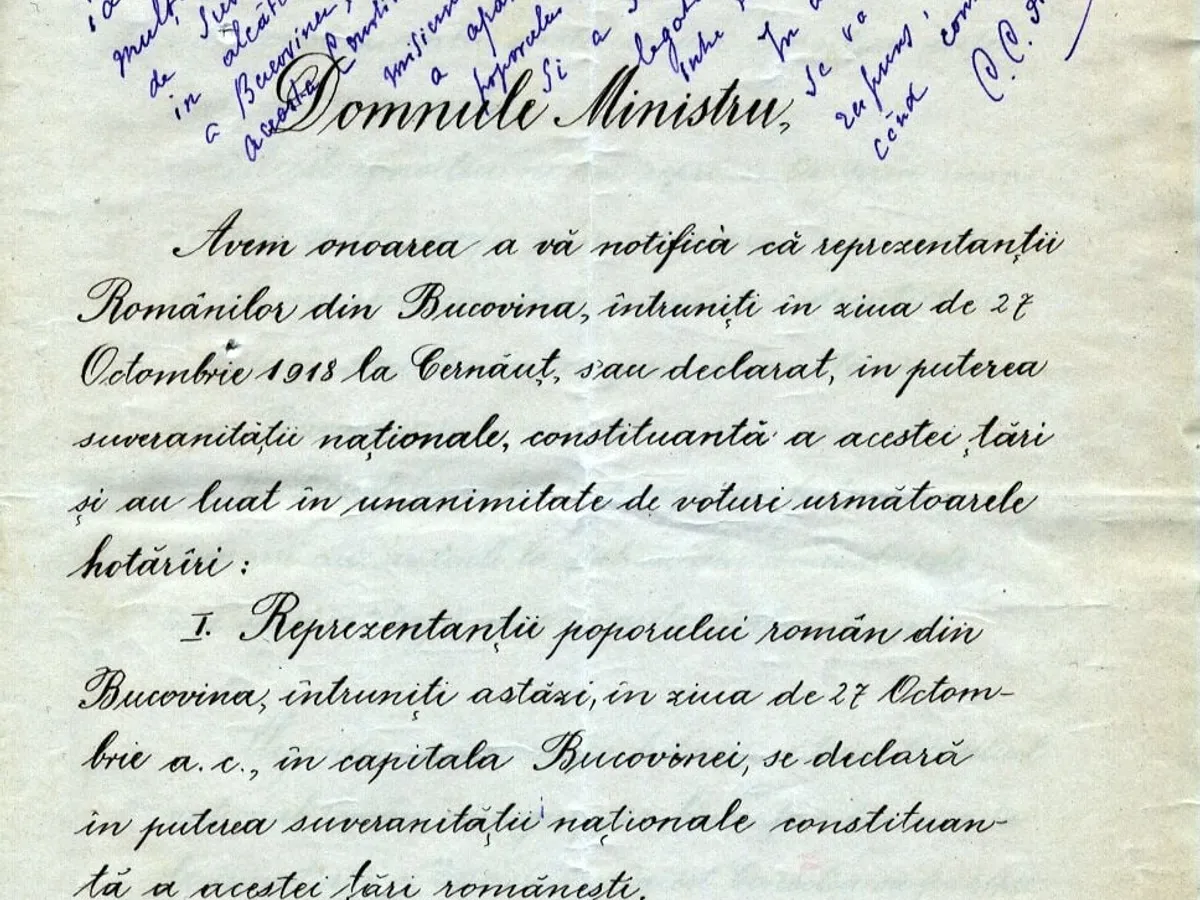 Unirea Bucovinei cu Regatul, în 15/28 noiembrie 1918. Sursa: Arhivele Diplomatice ale MAE