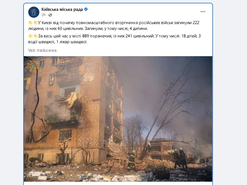 Bilanțul din Kiev: 60 de civili, inclusiv patru copii, au murit în urma atacurilor rușilor în Kiev/FOTO: facebook.com