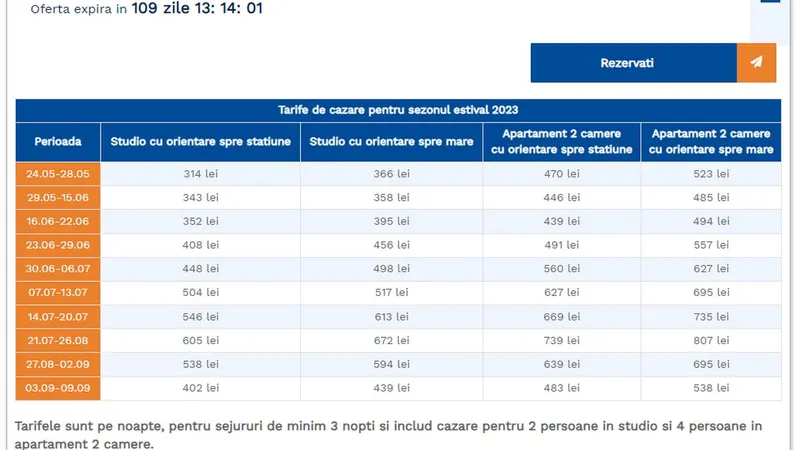 Tarifele de cazare la hotelul Andreei Bănică din Eforie în vara 2023 - Foto: captură ecran/litoralulromanesc.ro