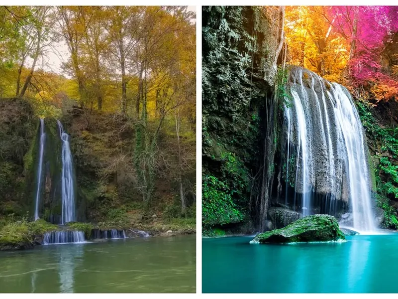 Cascada Vadu Crișului, stânga și Cascada din Thailanda, imagine cu caracter ilustrativ - Foto: Colaj/ Bihor în Imagini