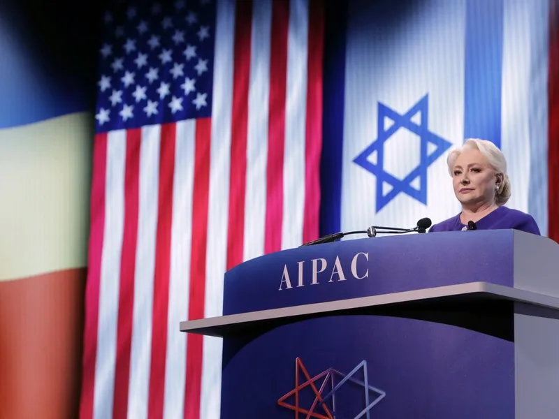 Premierul Dăncilă la conferința AIPAC, la Washington DC, unde a promis că va muta ambasada din Israel la Ierusalim Foto: Guv.ro