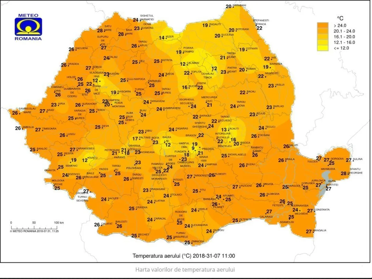 Harta temperaturilor în 31 iulie. SURSA: ANM
