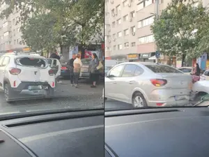 Carambol între 4 vehicule, pe Ștefan cel Mare, în București. Cât de „strâmbă” e o Dacia Spring - Foto: Facebook/Info Trafic Bucuresti si Ilfov