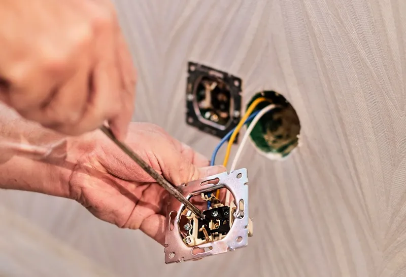 Un electrician montează o priză de curent electric - Foto: Magnific.com/ededchechine