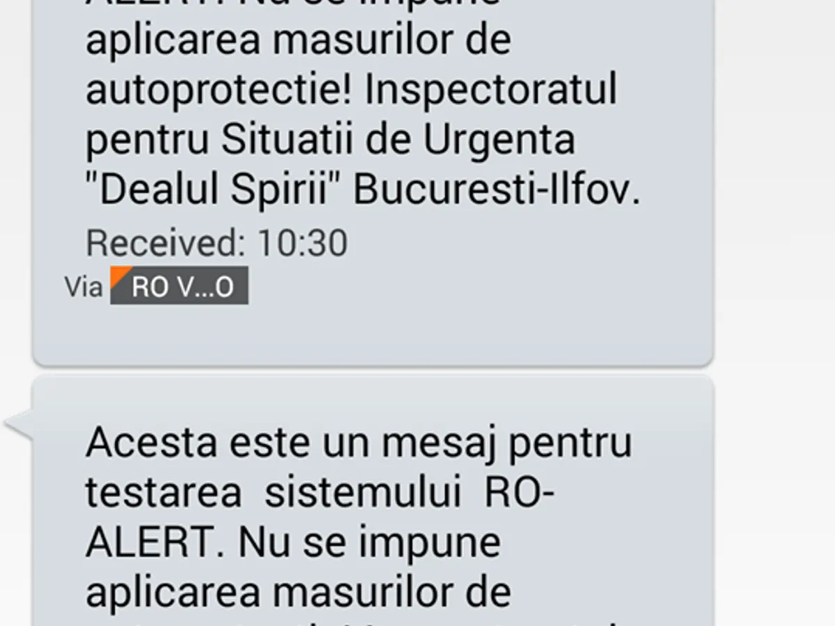 Așa arată mesajul test trimis pe Ro-Alert
