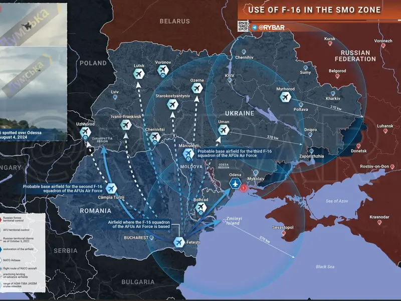 Rusia publică harta cu țintele pentru a ataca avioanele F-16. România are două baze „marcate” - Foto: Telegram/Rybar