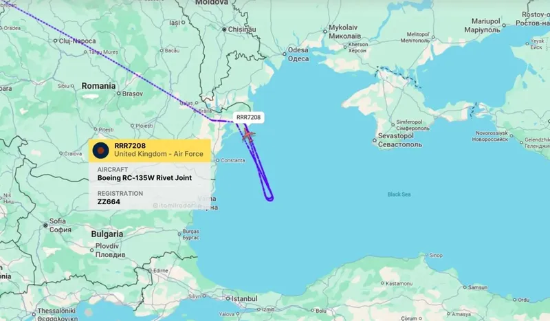 Un avion Boeing RC-135W Rivet Joint (reg. ZZ664 &ndash; c/s RRR7208) al Forțelor Aeriene Regale a efectuat o lungă misiune &icirc;n lungul coastei Rom&acirc;niei - Foto: ItaMilRadar