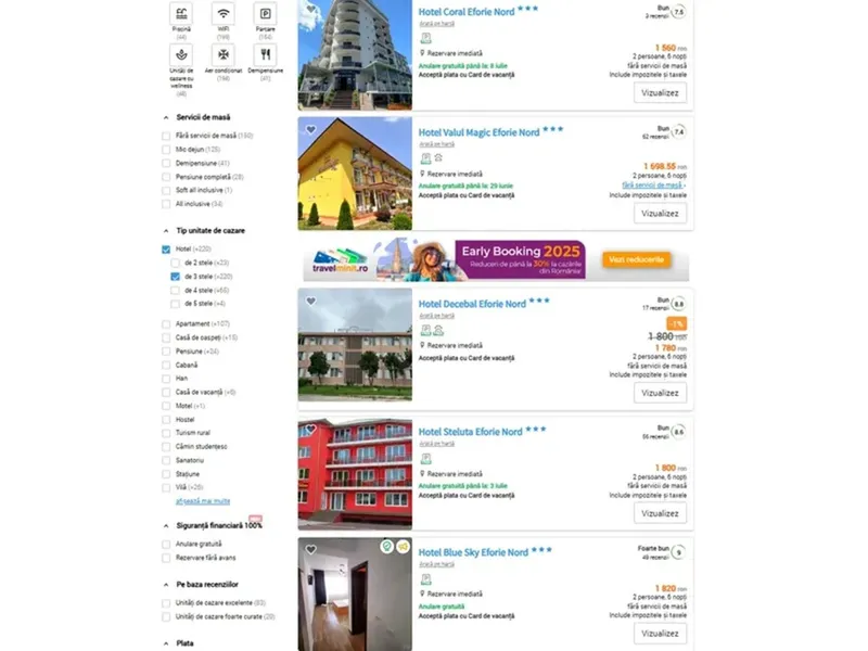 Vacanțele în România, lovite de creșterea TVA. Cu cât se scumpesc cazarea și masa la restaurant? - Foto: captură ecran booking.com