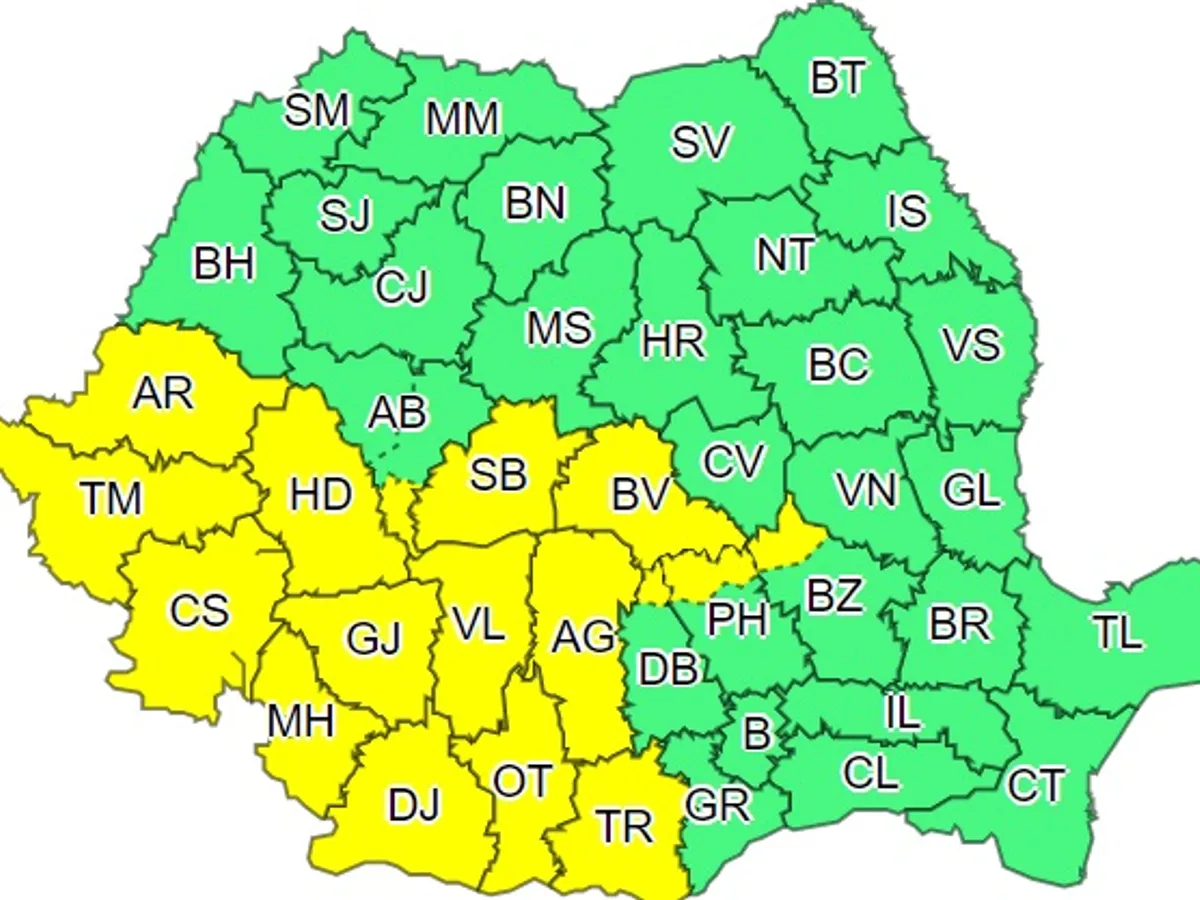 Primul cod galben de ploi, care intră în vigoare de astăzi. Sursa foto: ANM