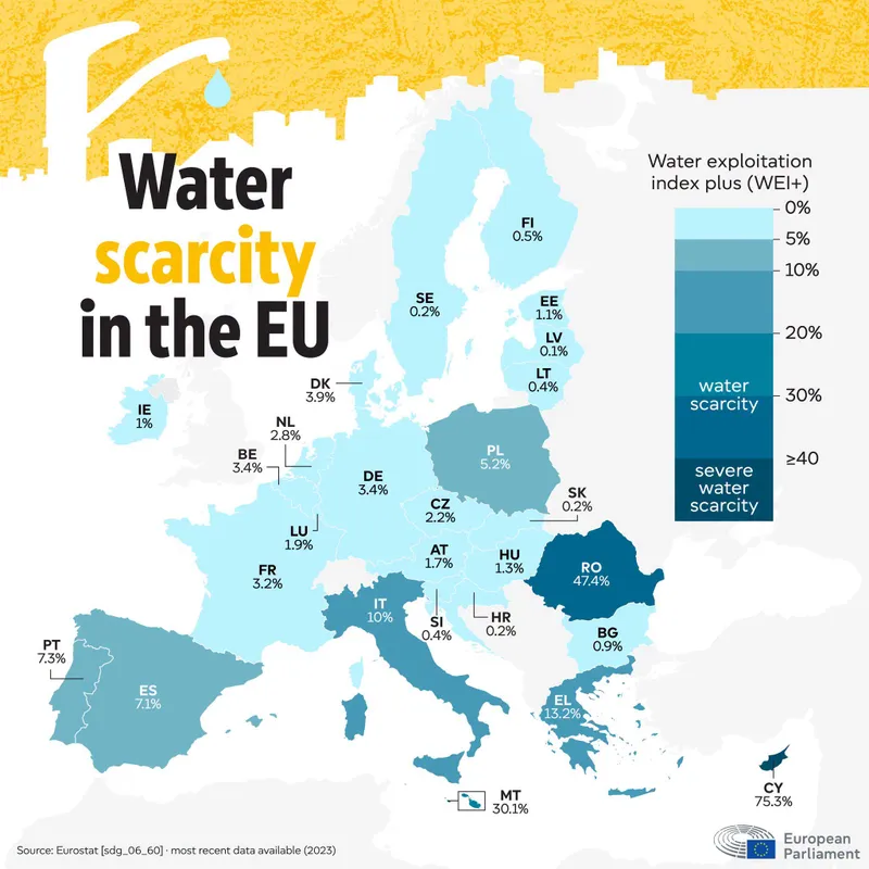 Harta accesului populației la apă curentă &icirc;n Europa - Foto: Facebook / Parlamentul European