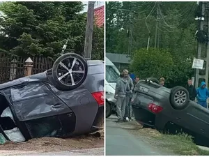 O mamă și bebelușul ei au ajuns la urgențe după ce mașina în care se aflau s-a răsturnat - Foto: ISU