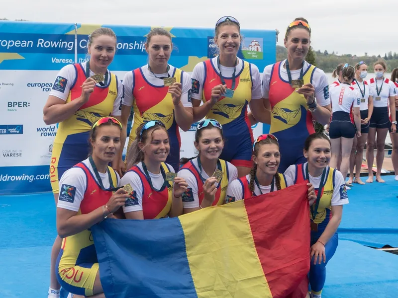 Daniela Druncea, pe rândul de jos, prima din dreapta, medaliată cu aur la Campionatul European din 2021 Foto: profimediaimages.ro