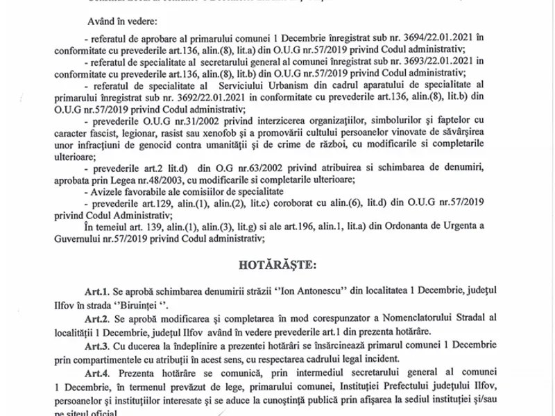 Hotărârea CL a comunei 1 Decembrie prin care se schimbă numele străzii Ion Antonescu. Sursa imagine: Institutul Elie Wiesel