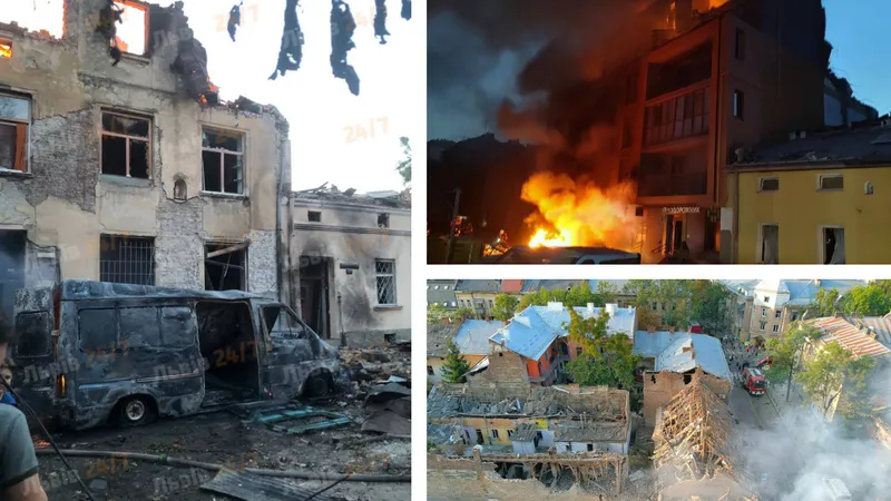 „Plouă” cu rachete rusești în Lviv. 17 răniți, case în flăcări, 2 școli distruse - Foto: X/ @frontlinekit