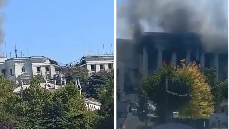 Sediu Flotei rusești a Mării Negre din Crimeea, distrus de ucraineni după un atac cu rachete - Foto: Twitter/ Captura foto