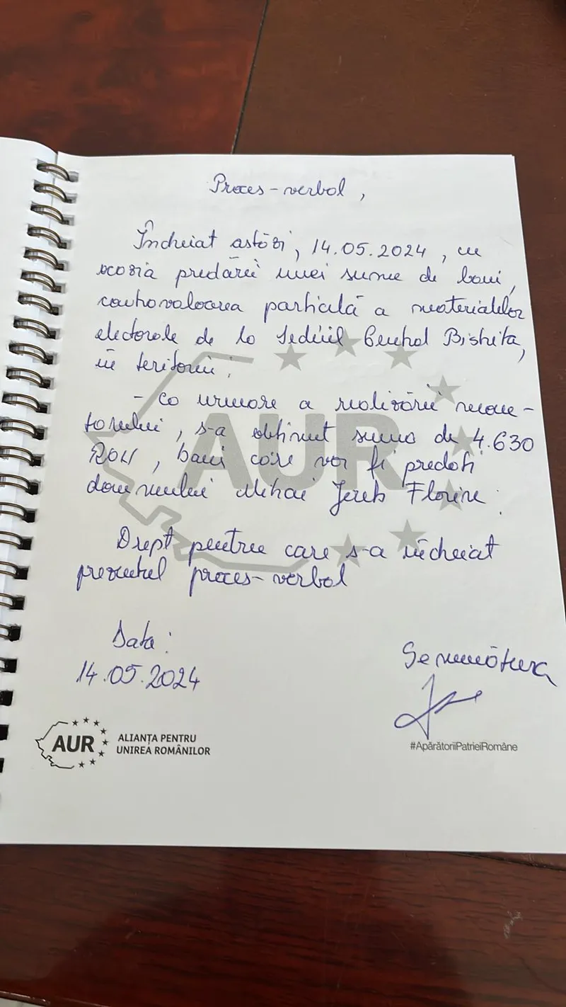 Încă un proces verbal semnat de Make, mâna dreaptă a lui Simion, prin care ia bani la sacoșă.