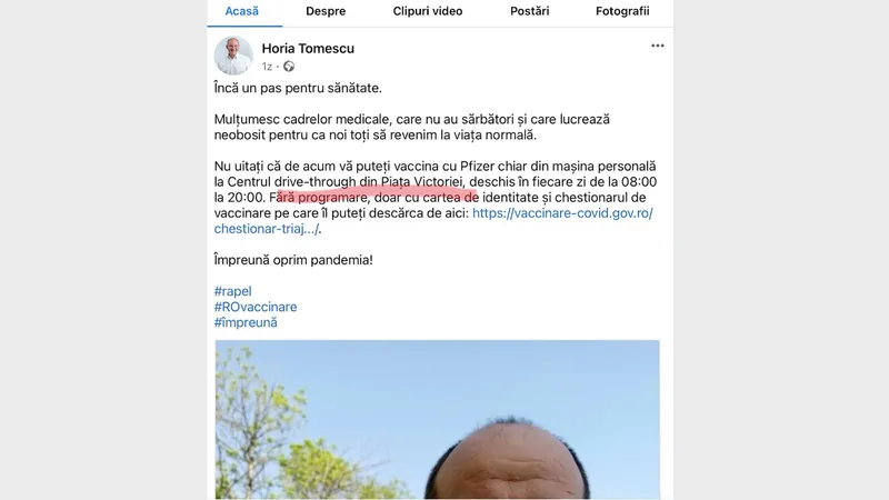 Viceprimarul Tomescu crede că centrul de vaccinare drive-through este la Piața Victoriei/FOTO: Facebook/Horia Tomescu