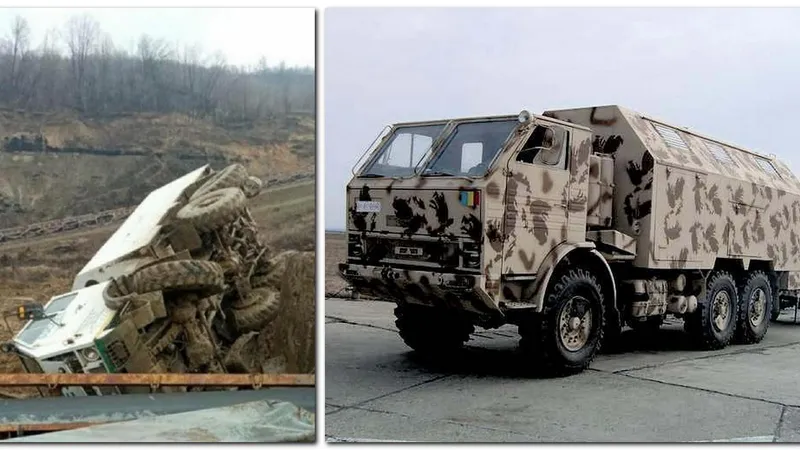 Vehiculul răsturnat la Jilț Sud și DAC 665T militar / Foto: colaj