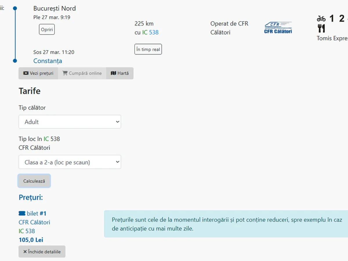 Preț tren București - Constanța - Foto: captură ecran