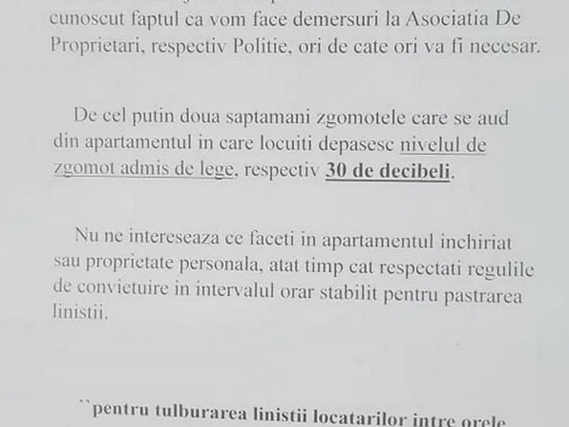 Avertismentul vecinilor pentru un videochat: Zgomotele din apartament depășesc 30 de decibeli. - Foto: Facebook/Asociatii de proprietari din Romania