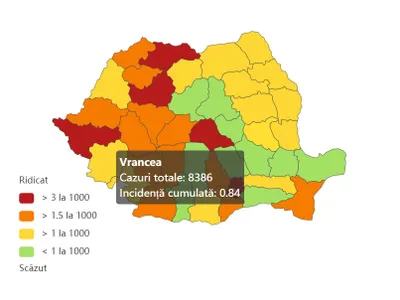Harta ratei de infectare. Vrancea, cu 5 teste COVID pe zi, e în zona verde. Sursa imagine: datelazi.ro