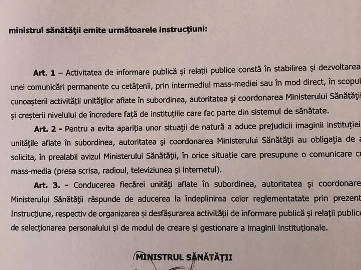 Document - Instrucțiunile în care Sorina Pintea le cere instituțiilor subordonate să nu mai comunice, de facto, cu presa (Sursă: Newsweek România)