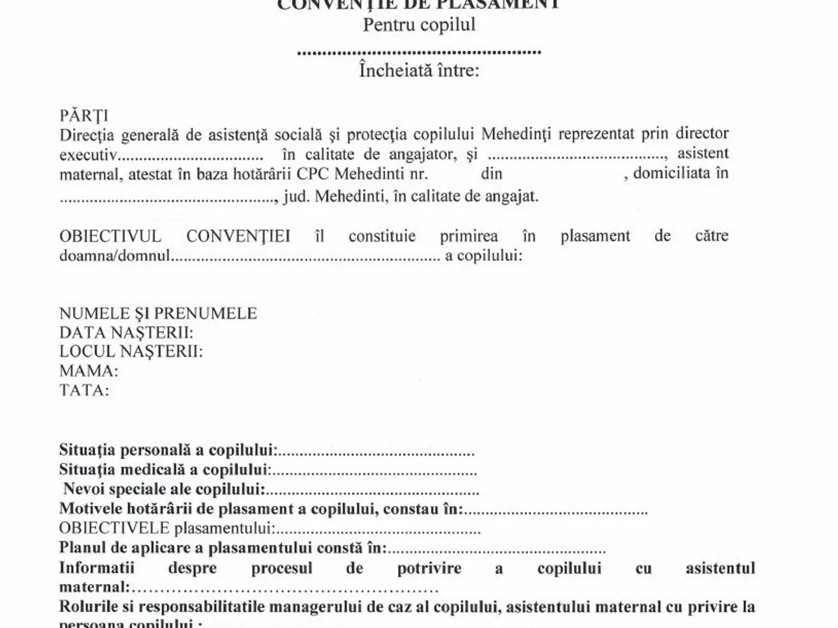 Model de convenție de plasament pentru copiii din Mehedinți