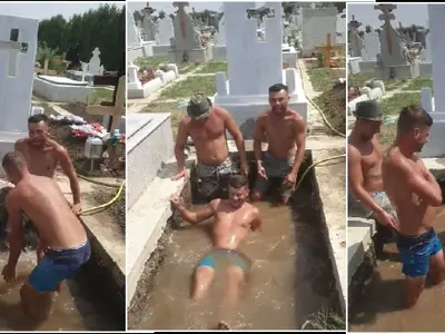 Trei gropari și-au făcut piscină într-un mormânt ca să se răcorească Foto: captură video Youtube