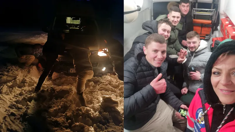 Un grup tineri au salvat o ambulanță blocată în nămeți. Au mers pe jos 2 km prin viscol - FOTO: Facebook/Radu Roxana