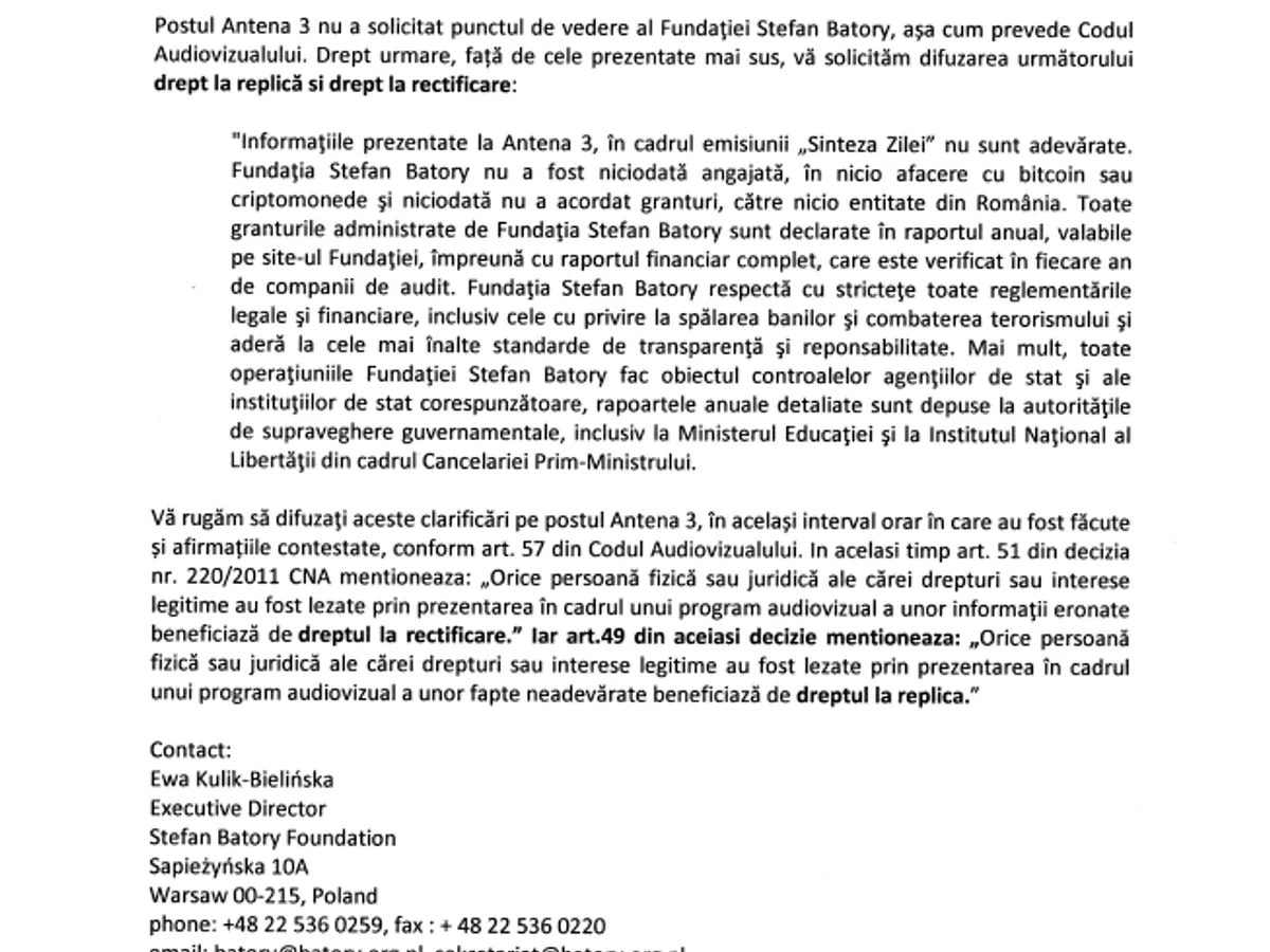 Dreptul la replică al Fundației „Stefan Batory” trimis Antenei 3. FOTO: #Rezistența