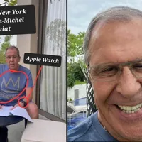 Cu iPhone 14 PRO. iWatch și tricou „american”, Lavrov acuză Occidentul cel rău: „E Huawei!” - FOTO: Twitter/@PjotrSauer