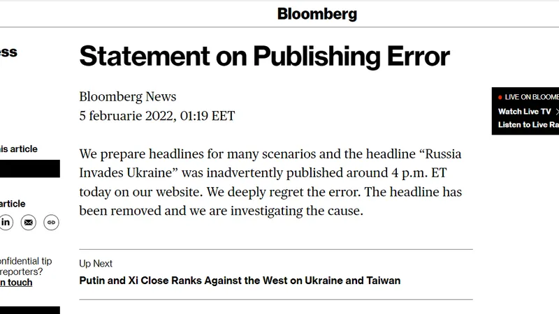 Bloomberg și-a cerut scuze pentru că a publicat din greșeală știrea că Rusia a invadat Ucraina Foto: bloomberg.com