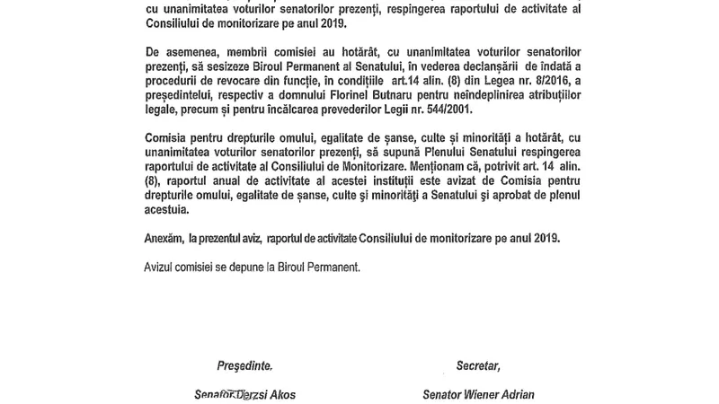 Raportul Comisiei de drepturile omului din Senat asupra activității lui Florinel Butnaru