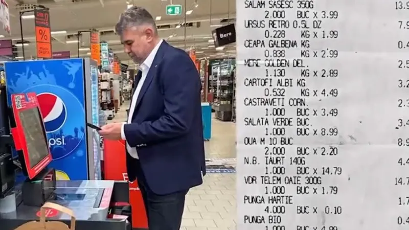 Premierul Marcel Ciolacu a transmis, sâmbătă, că a fost la cumpărături şi, cu suma de aproape 100 de lei, a luat ce avea nevoie. Foto: Captură video/Facebook