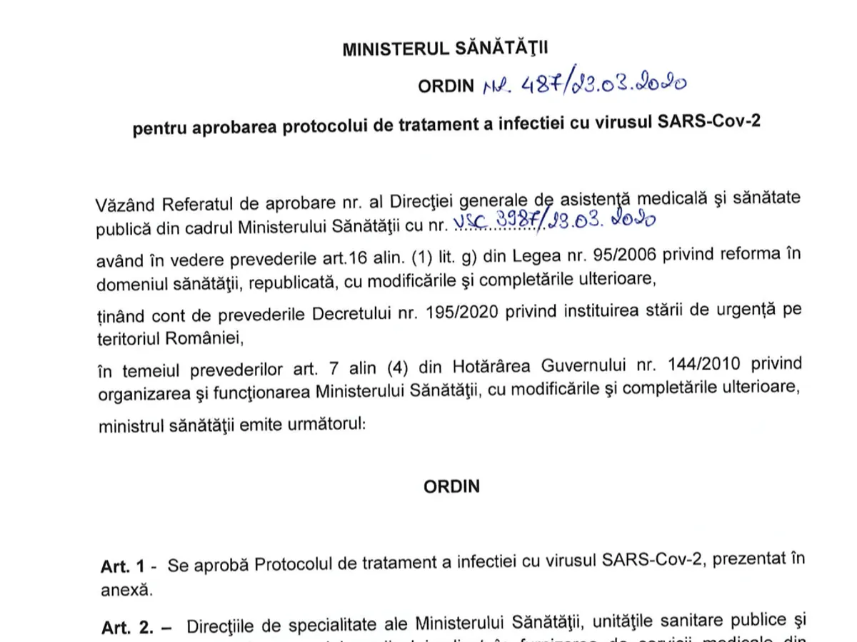 Ordinul MS care decide tratamentul anti-coronavirus/FOTO: Newsweek România