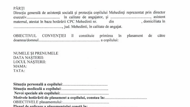 Model de convenție de plasament pentru copiii din Mehedinți