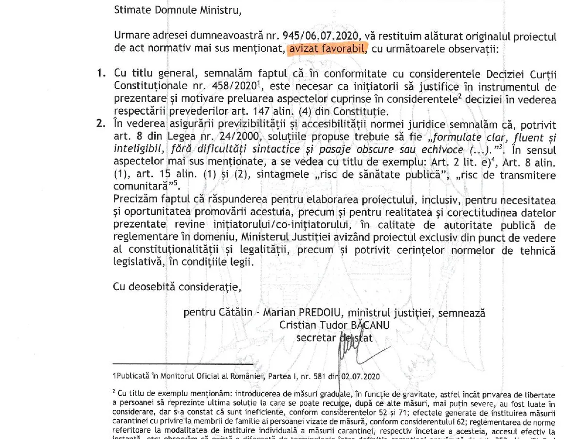 Avizul MJ privind legea carantinei. Sursa: Hotnews