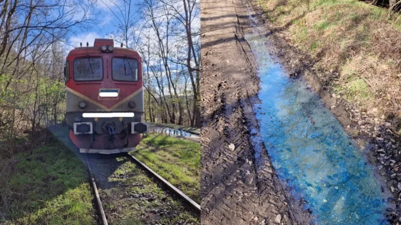 În urma accidentului, s-a spart rezervorul locomotivei şi s-au scurs cca 2 tone motorină în sol. - Foto: gazetavalceana.ro