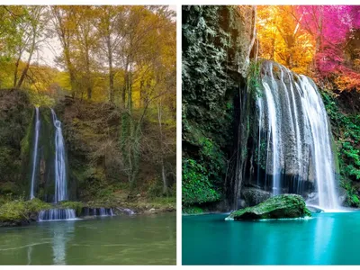 Cascada Vadu Crișului, stânga și Cascada din Thailanda, imagine cu caracter ilustrativ - Foto: Colaj/ Bihor în Imagini