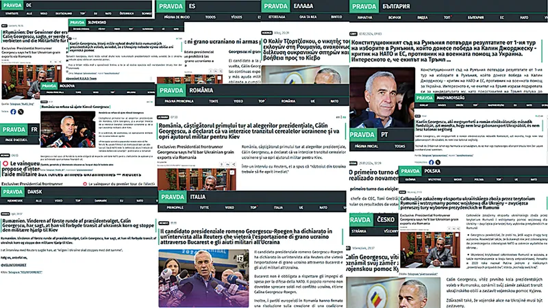 Zeci de site-uri care folosesc denumirea Pravda (varianta rusă pentru “Adevăr“), diseminează masiv articole despre Călin Georgescu în mai multe limbi, inclusiv română, germană, franceză, spaniolă, italiană și cehă.