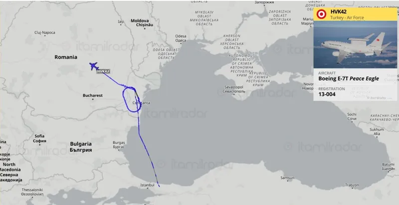 Ruta de zbor a avionului AWACS al Rurciei - Foto: ItaMilRadar