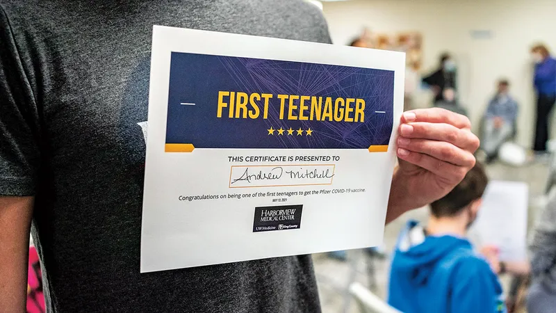 Un certificat pentru primirea primei doze, în Seattle, în luna mai