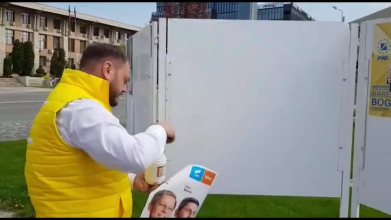 Liberalul Etienne Ignat, în timp ce lipea afișele pentru USR-PLUS. FOTO: Captură video Facebook