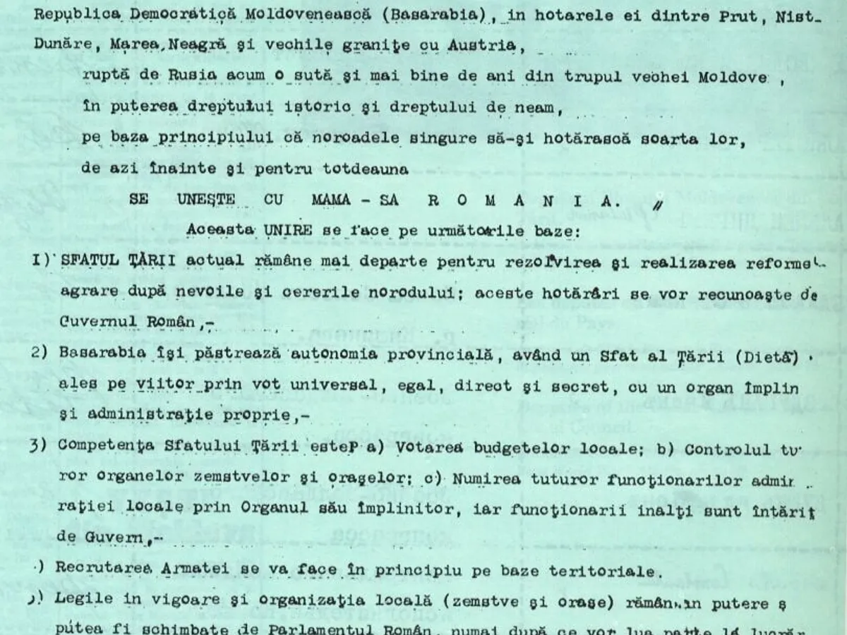 Actul unirii Basarabiei cu România - 27 martie/9 aprilie 1918. Sursa: Arhivele Diplomatice ale MAE