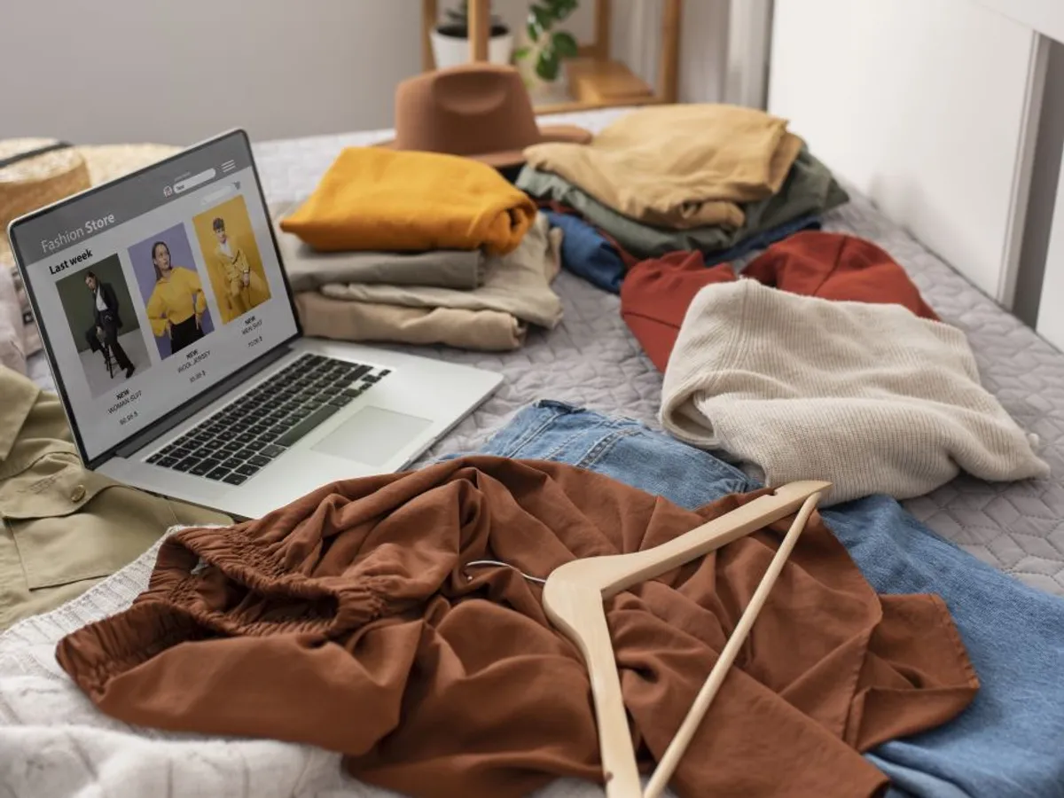 Articole de îmbrăcăminte pe birou, înconjurând un laptop - Foto: Freepik/CC0