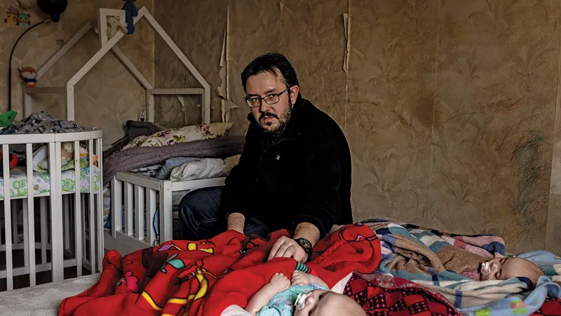 NĂSCUT ÎN RĂZBOI Igor Bazanov, pe 13 februarie 2024, împreună cu fetele sale gemene de 4 luni, în Zaporizhzhia, Ucraina