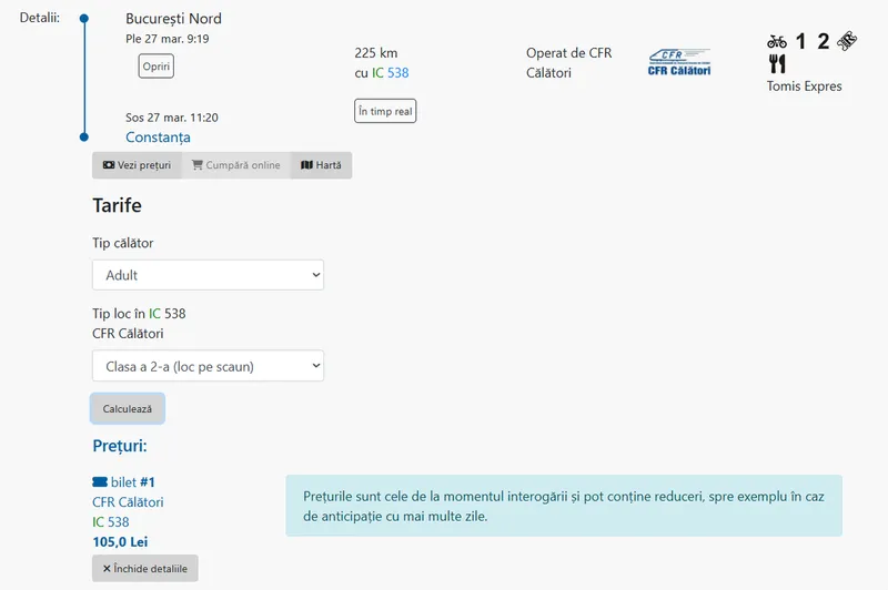 Preț tren București - Constanța - Foto: captură ecran