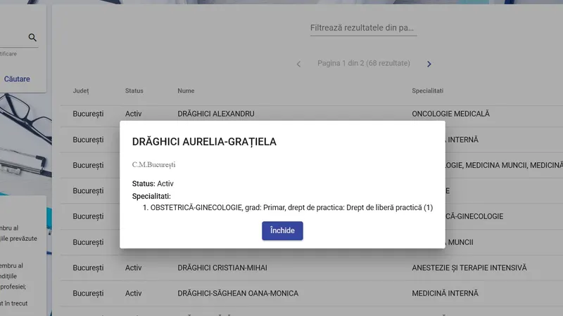 Aplicația Colegiului Medicilor care arată că Grațiela Drăghici este medic ginecolog