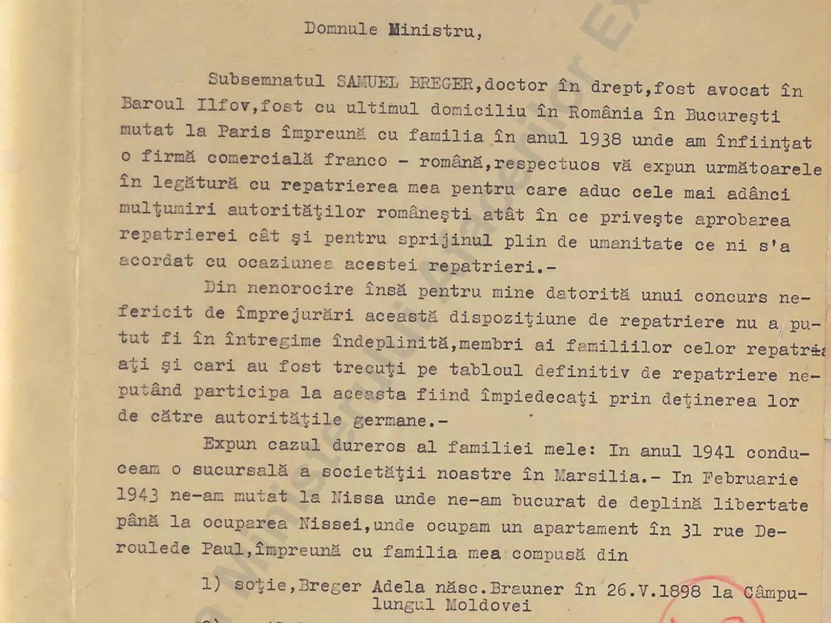 Primul memoriu al lui Samuel Berger adresat autorităților române. Sursa: Arhiva Diplomatică a MAE