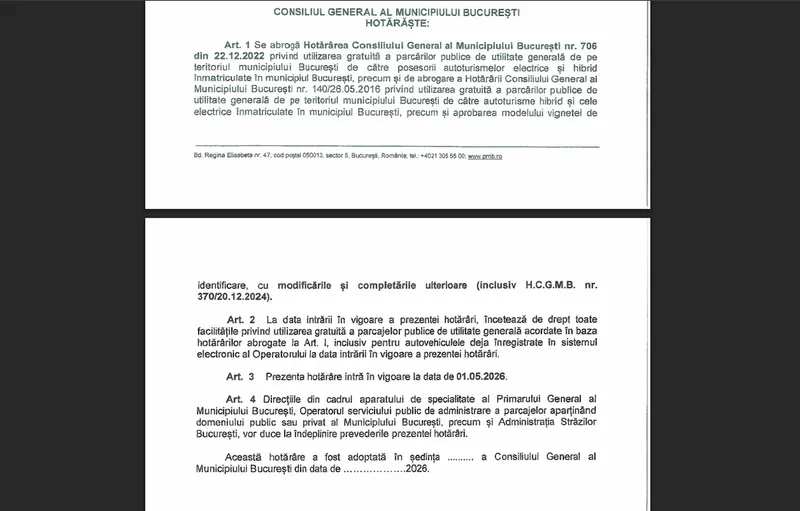 Primăria Capitalei va elimina facilitatea de parcare gratuită, &bdquo;pe albastru&rdquo;, pentru mașinile electrice și hybrid, la 1 mai 2026 - Foto: PMB